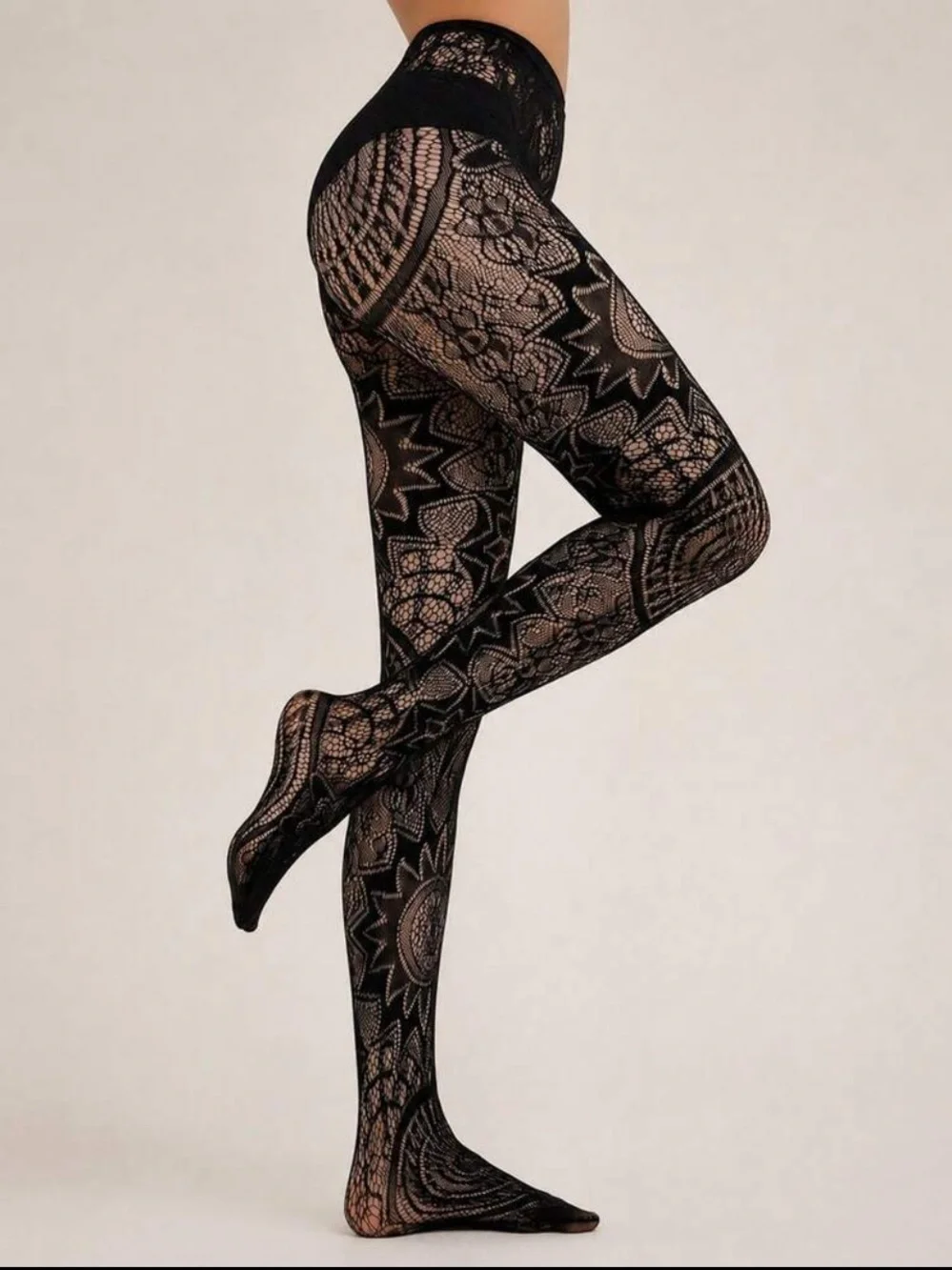 Sheer Floral Lace Patterned Tights - Black